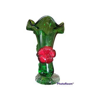 BEAUTIFUL GREEN ART GLASS VASE WITH RED FLOWER APPLIED 5" X 4"